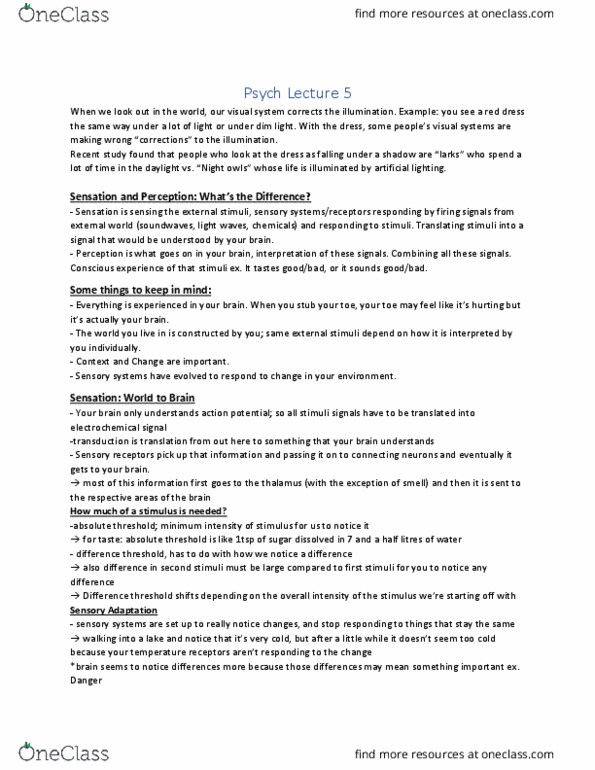 PSY100H1 Lecture Notes - Lecture 5: Olfactory Mucosa, Sensory Neuron, Absolute Threshold thumbnail