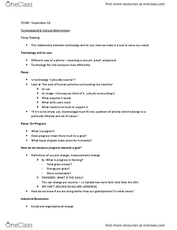 CS100 Lecture Notes - Lecture 2: Cultural Lag, Cultural Determinism, Technological Determinism thumbnail