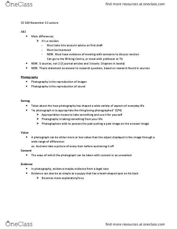 CS100 Lecture Notes - Lecture 8: Thesis Statement, Photojournalism, The Unseeable thumbnail