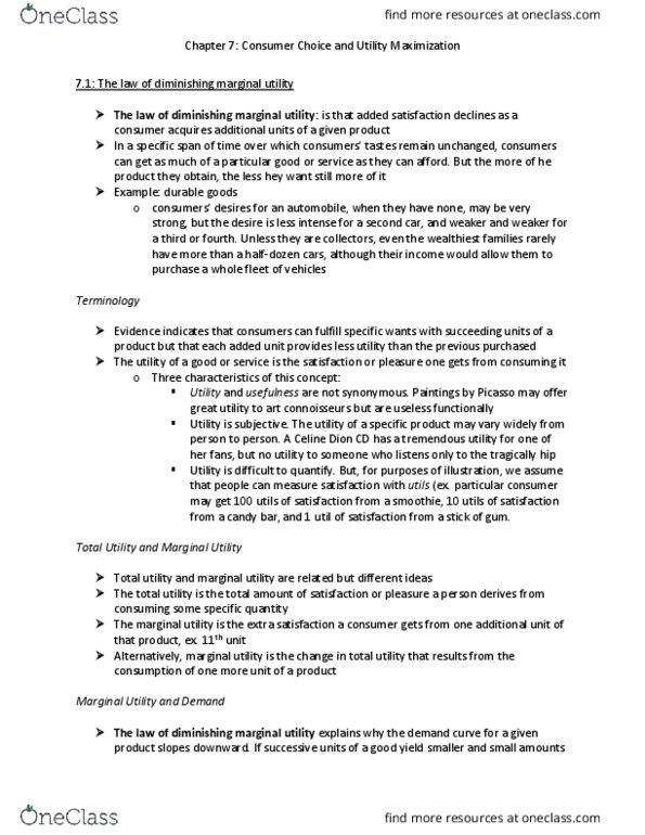 ECN 104 Chapter Notes - Chapter 7: Marginal Utility, Budget Constraint, Consistency thumbnail