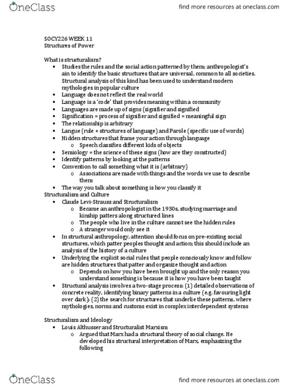 SOCY 226 Lecture Notes - Lecture 11: Louis Althusser, Structural Anthropology, Structural Analysis thumbnail