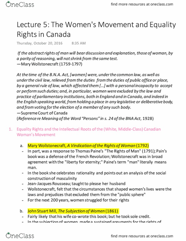 SOSC 1350 Lecture Notes - Lecture 5: Mary Wollstonecraft, John Stuart Mill, Legal Personality thumbnail