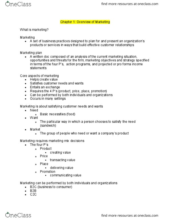 ADM 2320 Chapter Notes - Chapter 1: Pro Forma, Retail, Marketing Mix thumbnail