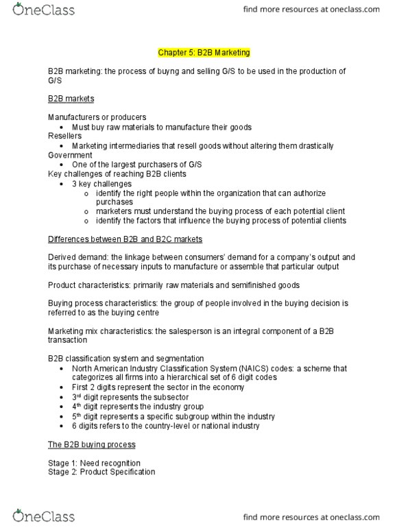 ADM 2320 Chapter Notes - Chapter 5: North American Industry Classification System, Business Marketing, Marketing Mix thumbnail