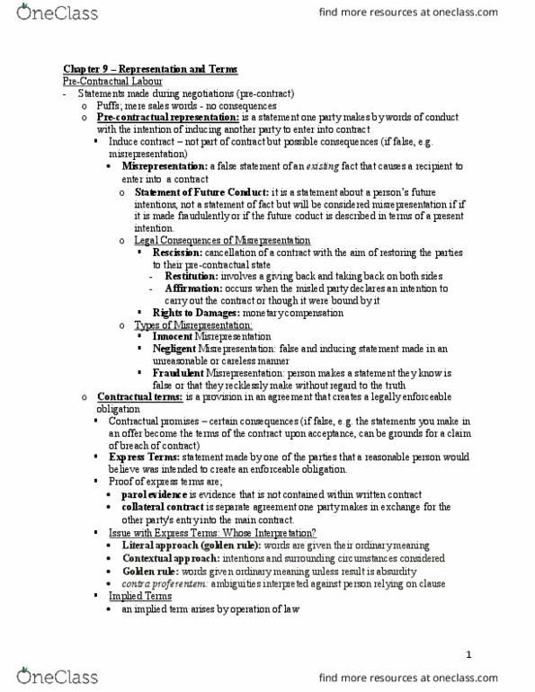LAW 122 Chapter Notes - Chapter 9: Contra Proferentem, Collateral Contract, Car Rental thumbnail