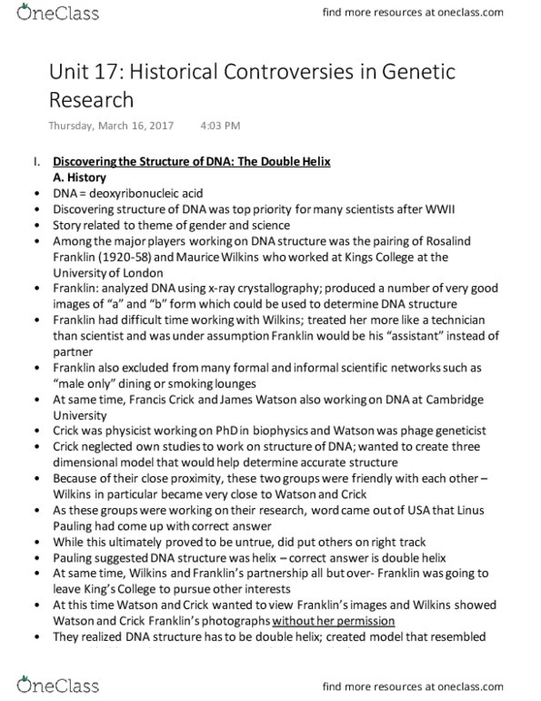 NATS 1775 Lecture Notes - Lecture 17: Maurice Wilkins, Linus Pauling, The Double Helix thumbnail
