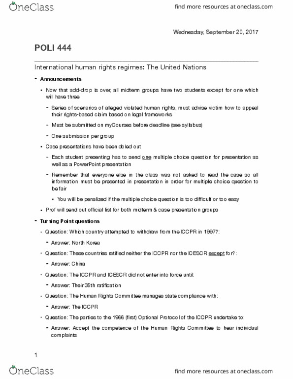 POLI 444 Lecture Notes - Lecture 5: United Nations Human Rights Committee, International Covenant On Civil And Political Rights, Microsoft Powerpoint thumbnail
