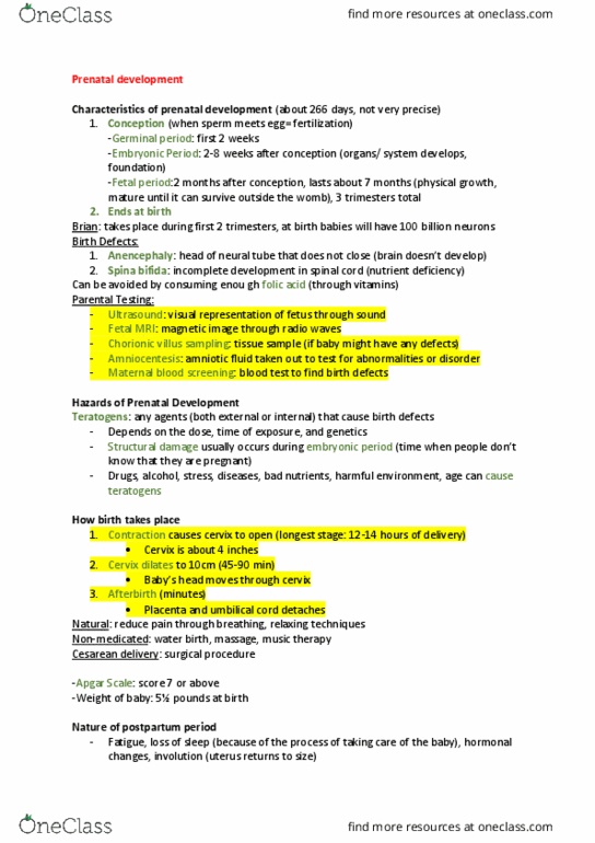PSYC 3404 Lecture Notes - Lecture 2: Chorionic Villus Sampling, Spina Bifida, Caesarean Section thumbnail