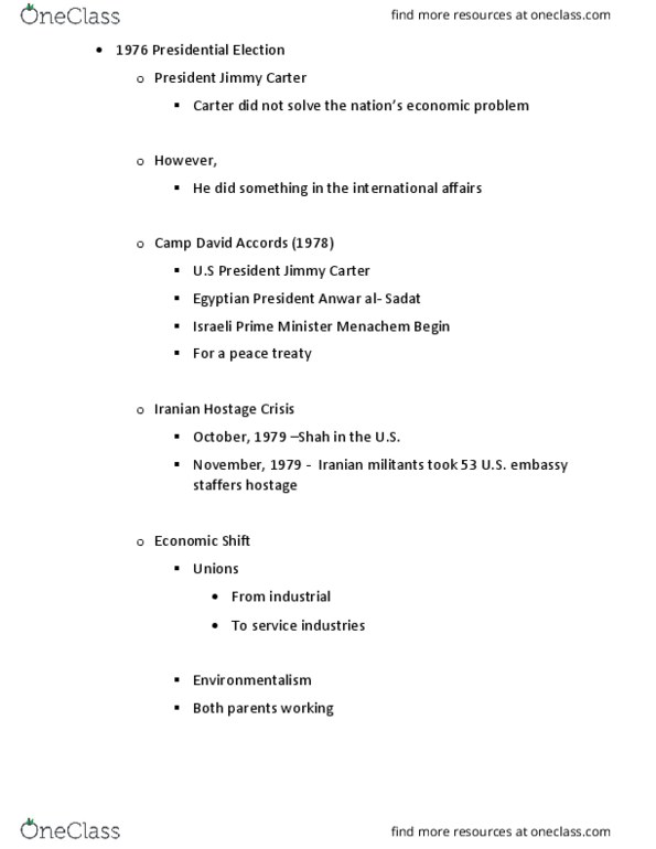 HIST 106 Lecture Notes - Lecture 22: Camp David Accords, Anwar Sadat, Iran Hostage Crisis thumbnail