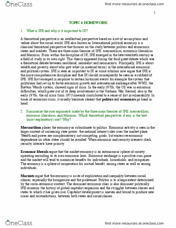 INS 101 Chapter Notes - Chapter 6: Bretton Woods System, International Political Economy, Economic Liberalism thumbnail