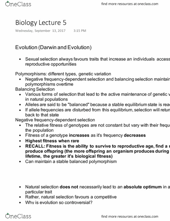 BIOA01H3 Lecture Notes - Lecture 5: Balancing Selection, Biogeography, Sexual Selection thumbnail