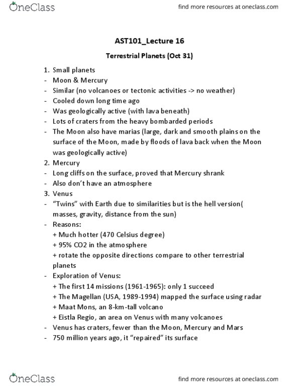 AST101H1 Lecture Notes - Lecture 16: List Of Geological Features On Venus, Maat Mons, Volcanism thumbnail