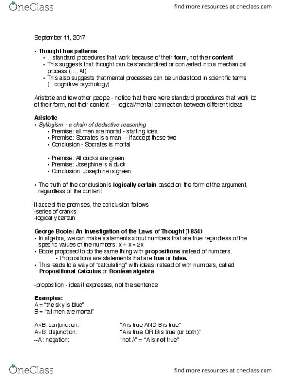 01:830:305 Lecture Notes - Lecture 2: George Boole, Propositional Calculus, Deductive Reasoning thumbnail
