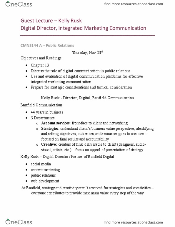 CMN 3144 Lecture 12: Guest Lecture, Kelly Rusk - Digital Director and Integrated Marketing Communication thumbnail