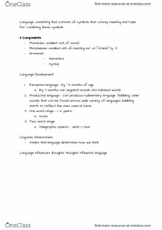 PSYC 1010 Lecture Notes - Lecture 3: Language Processing In The Brain, Determinism thumbnail