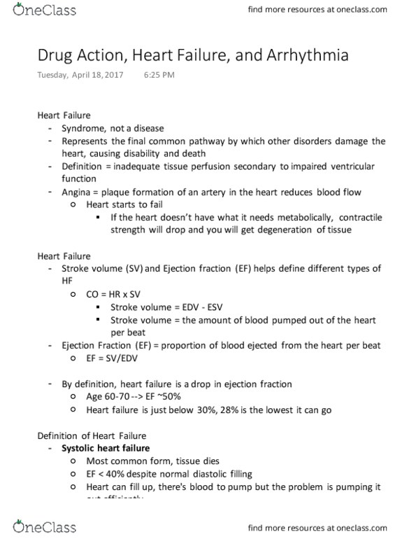 Pharmacology 3620 Lecture Notes - Lecture 5: Diastolic Heart Failure, Ejection Fraction, Heart Failure thumbnail