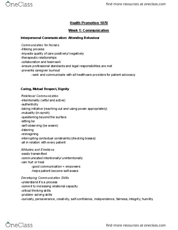 Nursing 1070A/B Lecture Notes - Lecture 1: Interpersonal Communication, Intentionality, Messenger thumbnail