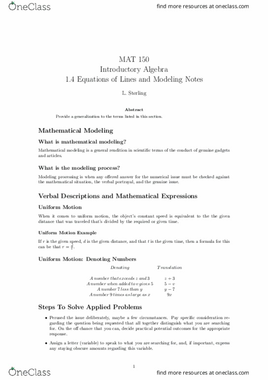 MAT-150 Lecture Notes - Lecture 4: Mathematical Model, Interest, Garding thumbnail