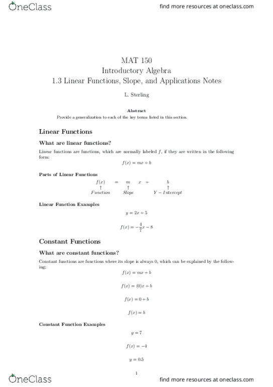 MAT-150 Lecture 3: 1.3 Linear Functions, Slope, and Applications Notes thumbnail