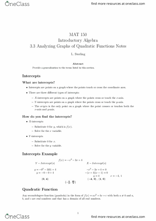 MAT-150 Lecture Notes - Lecture 12: Quadratic Equation thumbnail