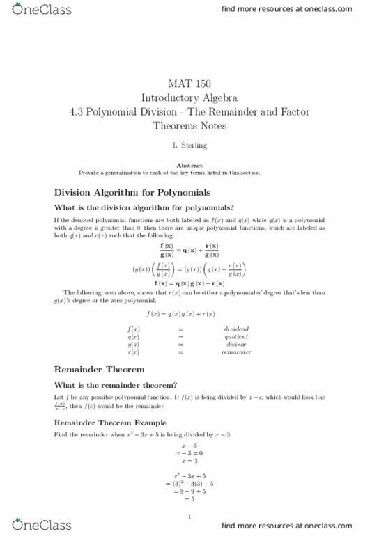 MAT-150 Lecture Notes - Lecture 17: Division Algorithm thumbnail