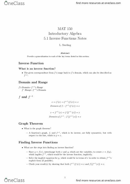 MAT-150 Lecture Notes - Lecture 21: Inverse Function thumbnail