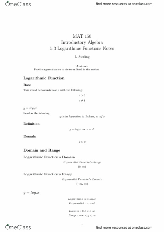MAT-150 Lecture Notes - Lecture 23: Logarithm, Real Number, Natural Logarithm thumbnail
