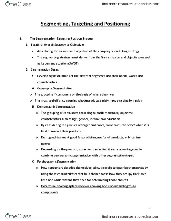 Management and Organizational Studies 2320A/B Chapter Notes - Chapter 6: Psychographic, Target Market, Swot Analysis thumbnail