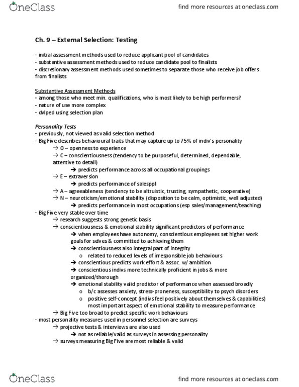 BUS 481 Chapter Notes - Chapter 9: Personnel Selection, Job Performance, Genetic Testing thumbnail