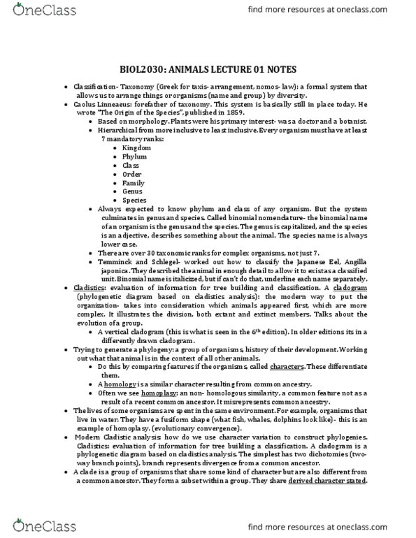 BIOL 2030 Lecture Notes - Lecture 1: Binomial Nomenclature, Japanese Eel, Cladistics thumbnail