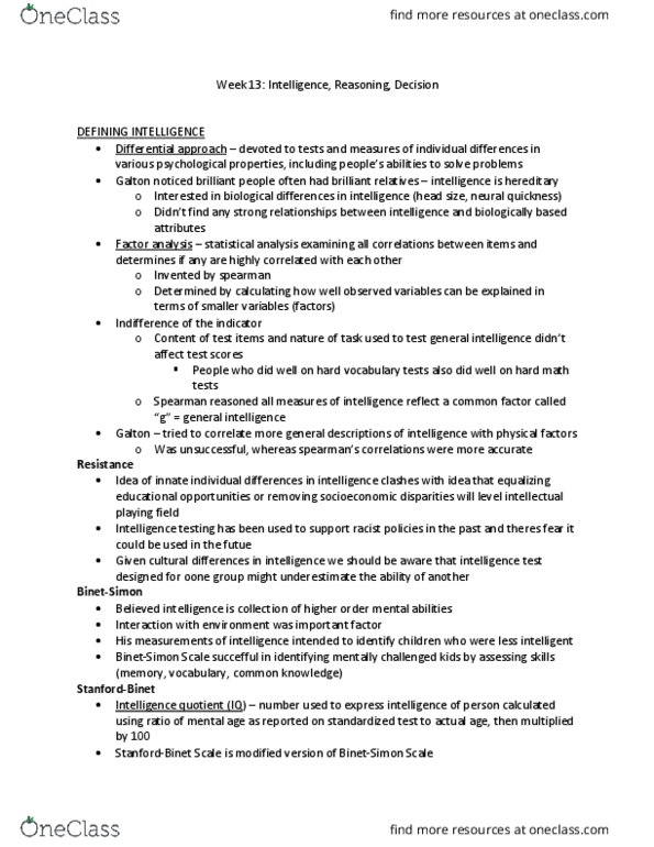 PSYC 100 Lecture Notes - Lecture 13: Intelligence Quotient, Standardized Test, Factor Analysis thumbnail