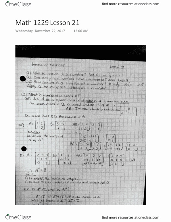 Mathematics 1229A/B Lecture 21: Math 1229 Lesson 21 (Inverse of a Matrix) thumbnail