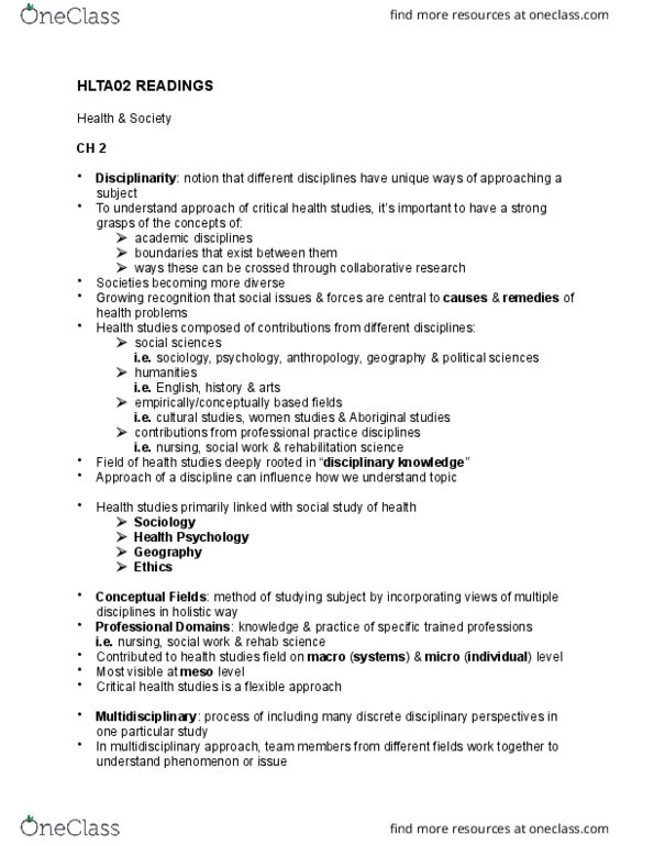 HLTA02H3 Chapter Notes - Chapter 2: Medical Sociology thumbnail