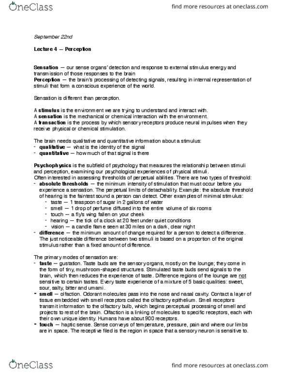 CAS PS 101 Lecture Notes - Lecture 4: Olfactory Bulb, Absolute Threshold, Olfaction thumbnail