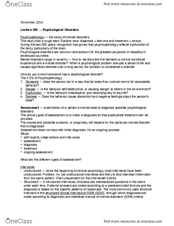 CAS PS 101 Lecture Notes - Lecture 14: Beck Depression Inventory, Mental Disorder, Psychopathology thumbnail