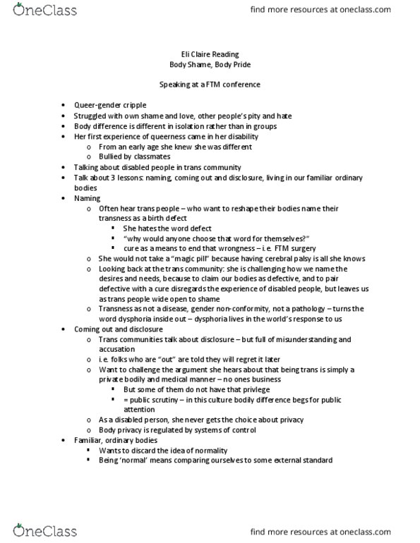 Women's Studies 1021F/G Chapter Notes - Chapter 6: Cerebral Palsy, Congenital Disorder, Dysphoria thumbnail