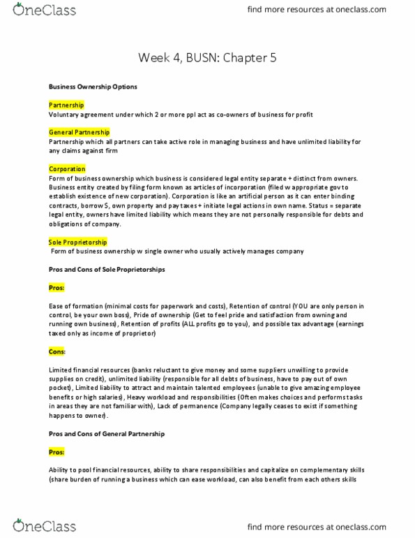 BSM 100 Chapter Notes - Chapter 5: Limited Liability Partnership, Legal Personality, Limited Liability thumbnail