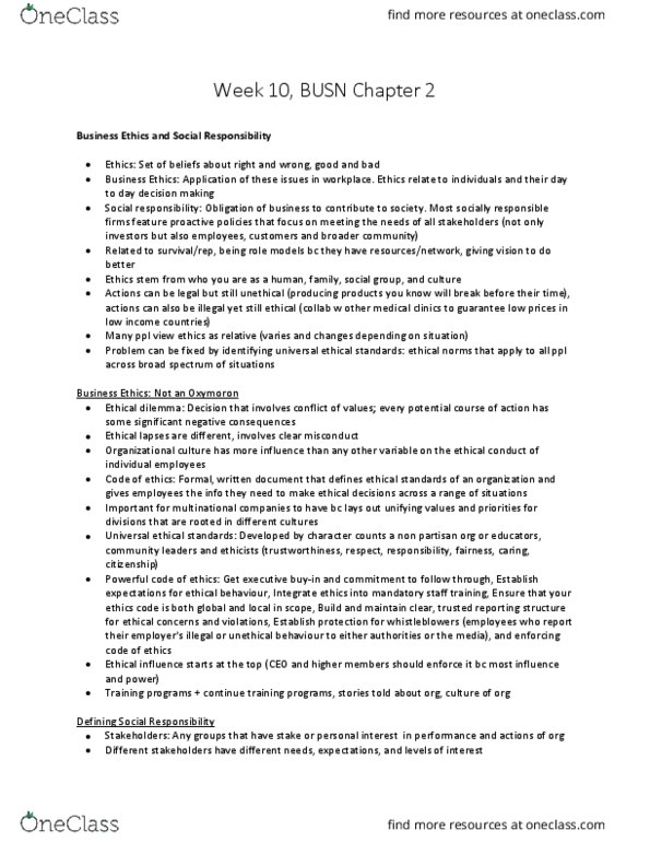 BSM 100 Chapter Notes - Chapter 2: Ethical Dilemma, Organizational Culture, Carbon Footprint thumbnail