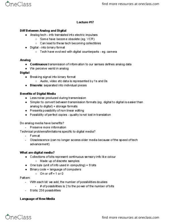 MMEDIA 1A03 Lecture Notes - Lecture 14: Linear Video Editing, Binary Code, Human Computer thumbnail