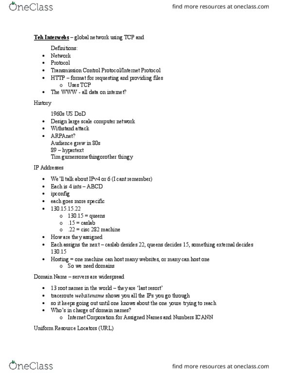 CISC 282 Lecture Notes - Lecture 1: Internets, United States Department Of Defense, Traceroute thumbnail