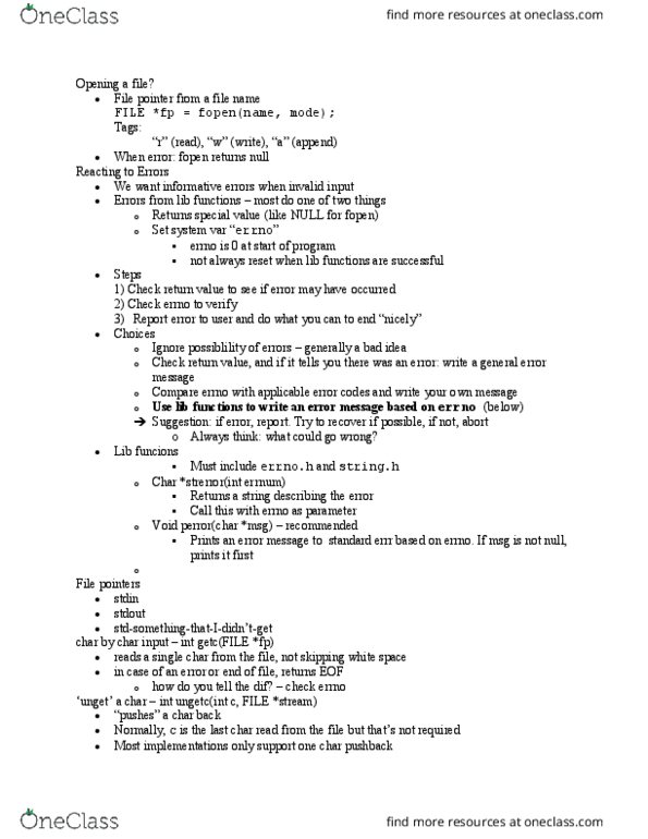 CISC 220 Lecture Notes - Lecture 10: Errno.H, C String Handling, Standard Streams thumbnail