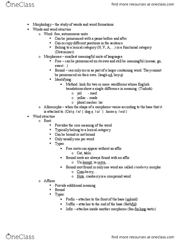 LING 100 Lecture Notes - Lecture 3: Part Of Speech, Affix, Unified Modeling Language thumbnail