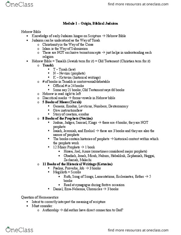 RS110 Lecture Notes - Lecture 2: Twelve Minor Prophets, Ketuvim, Five Megillot thumbnail