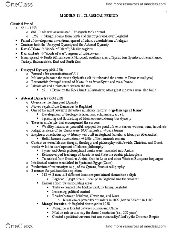 RS110 Lecture Notes - Lecture 12: Umayyad Caliphate, Abbasid Caliphate, Madhhab thumbnail