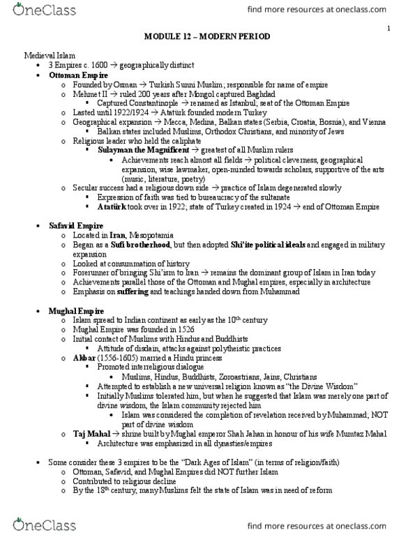 RS110 Lecture Notes - Lecture 13: Interfaith Dialogue, Mehmed The Conqueror, Shia Islam thumbnail