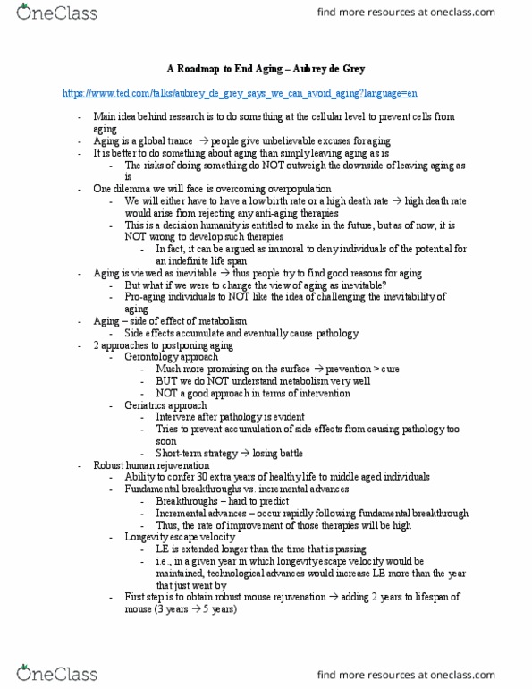 HLTH352 Lecture Notes - Lecture 1: Aubrey De Grey, Geriatrics thumbnail