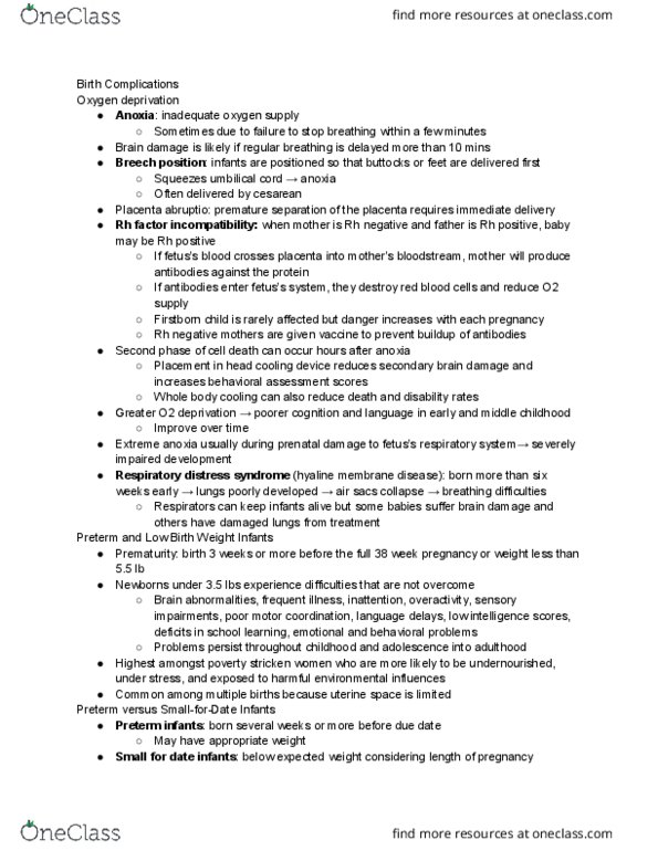 PSYCH 130 Chapter Notes - Chapter 3.9: Infant Respiratory Distress Syndrome, Rh Blood Group System, Umbilical Cord thumbnail