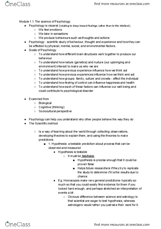 PSYA01H3 Chapter Notes - Chapter 1: Scientific Literacy, Biopsychosocial Model, Design Of Experiments thumbnail