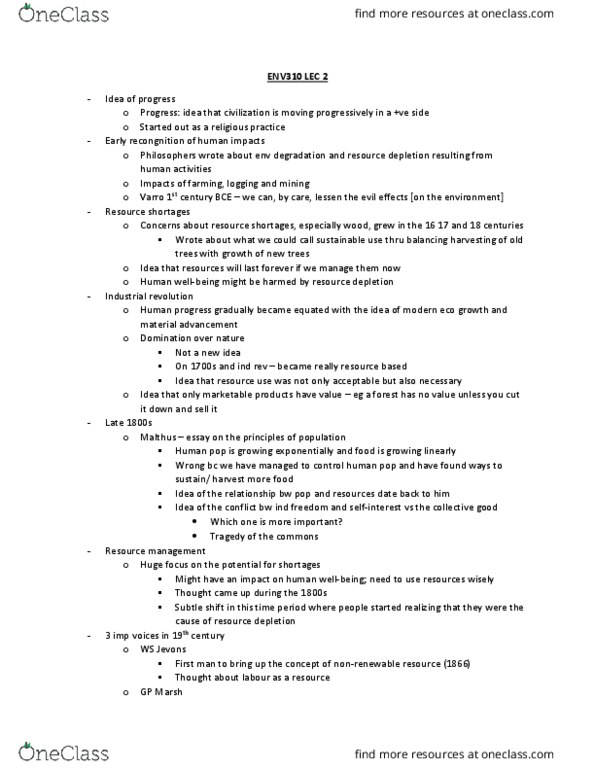 ENV310H5 Lecture Notes - Lecture 2: Resource Depletion, Non-Renewable Resource, Wise Use Movement thumbnail