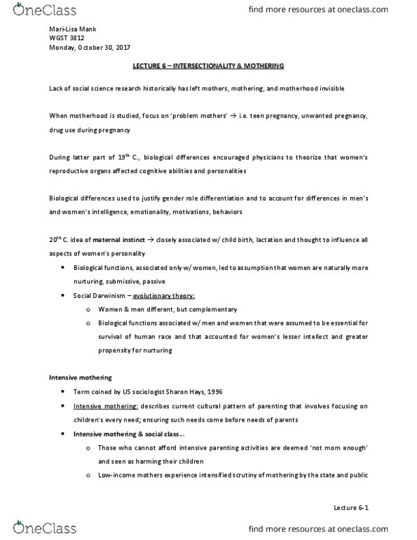 WGST 3812 Lecture Notes - Lecture 6: Sociology Of The Family, Wgst, Attachment Parenting thumbnail